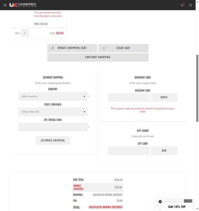 Umarex Usa checkout page showing Umarex Usa discount code box | Screenshot taken by SimplyCodes community member on Sep 5, 2025