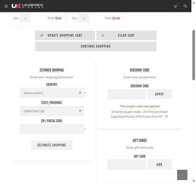 Umarex Usa checkout page showing Umarex Usa discount code box | Screenshot taken by SimplyCodes community member on Aug 15, 2025