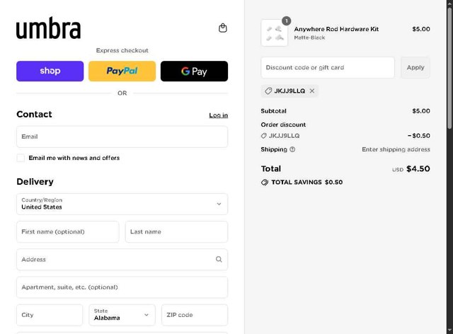 Umbra checkout page showing Umbra discount code box | Screenshot taken by SimplyCodes community member on Sep 1, 2025
