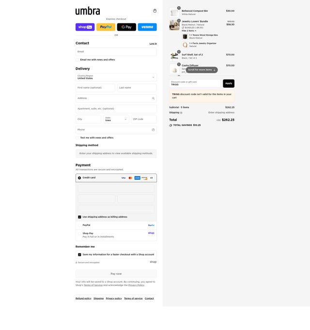 Umbra checkout page showing Umbra discount code box | Screenshot taken by SimplyCodes community member on Aug 23, 2025