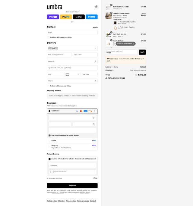Umbra checkout page showing Umbra discount code box | Screenshot taken by SimplyCodes community member on Aug 27, 2025