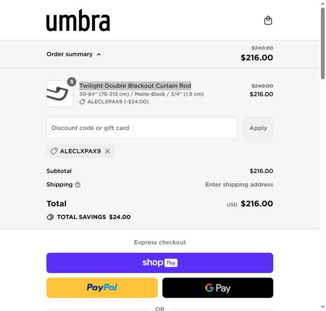 Umbra checkout page showing Umbra discount code box | Screenshot taken by SimplyCodes community member on Aug 15, 2025