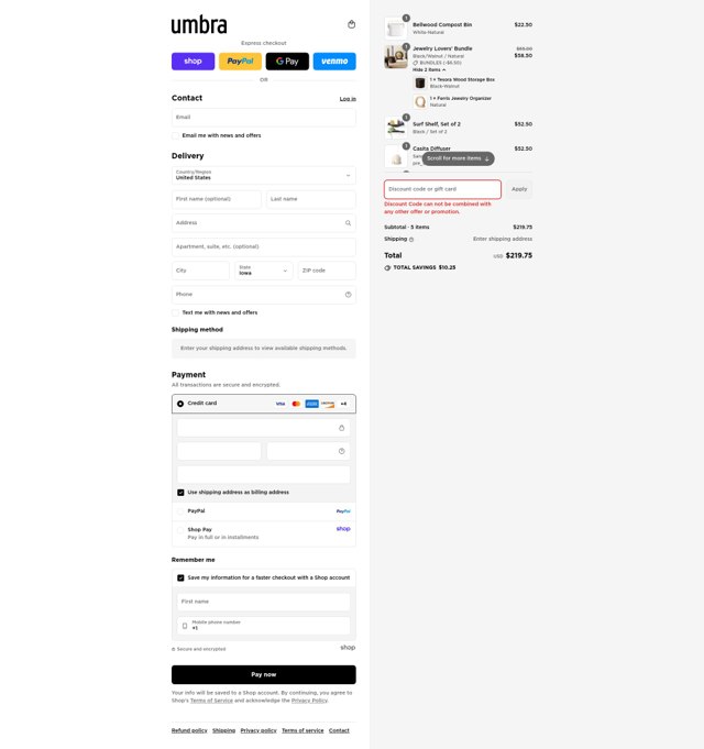 Umbra checkout page showing Umbra discount code box | Screenshot taken by SimplyCodes community member on Aug 29, 2025