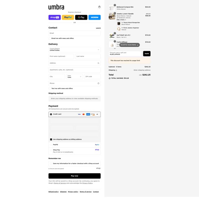 Umbra checkout page showing Umbra discount code box | Screenshot taken by SimplyCodes community member on Aug 17, 2025