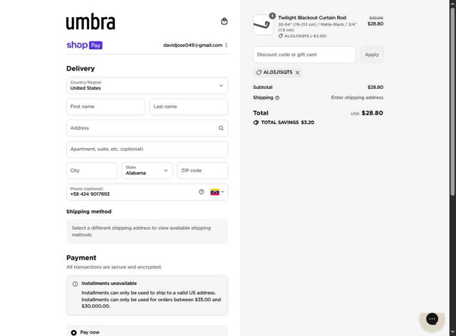 Umbra checkout page showing Umbra discount code box | Screenshot taken by SimplyCodes community member on Aug 26, 2025