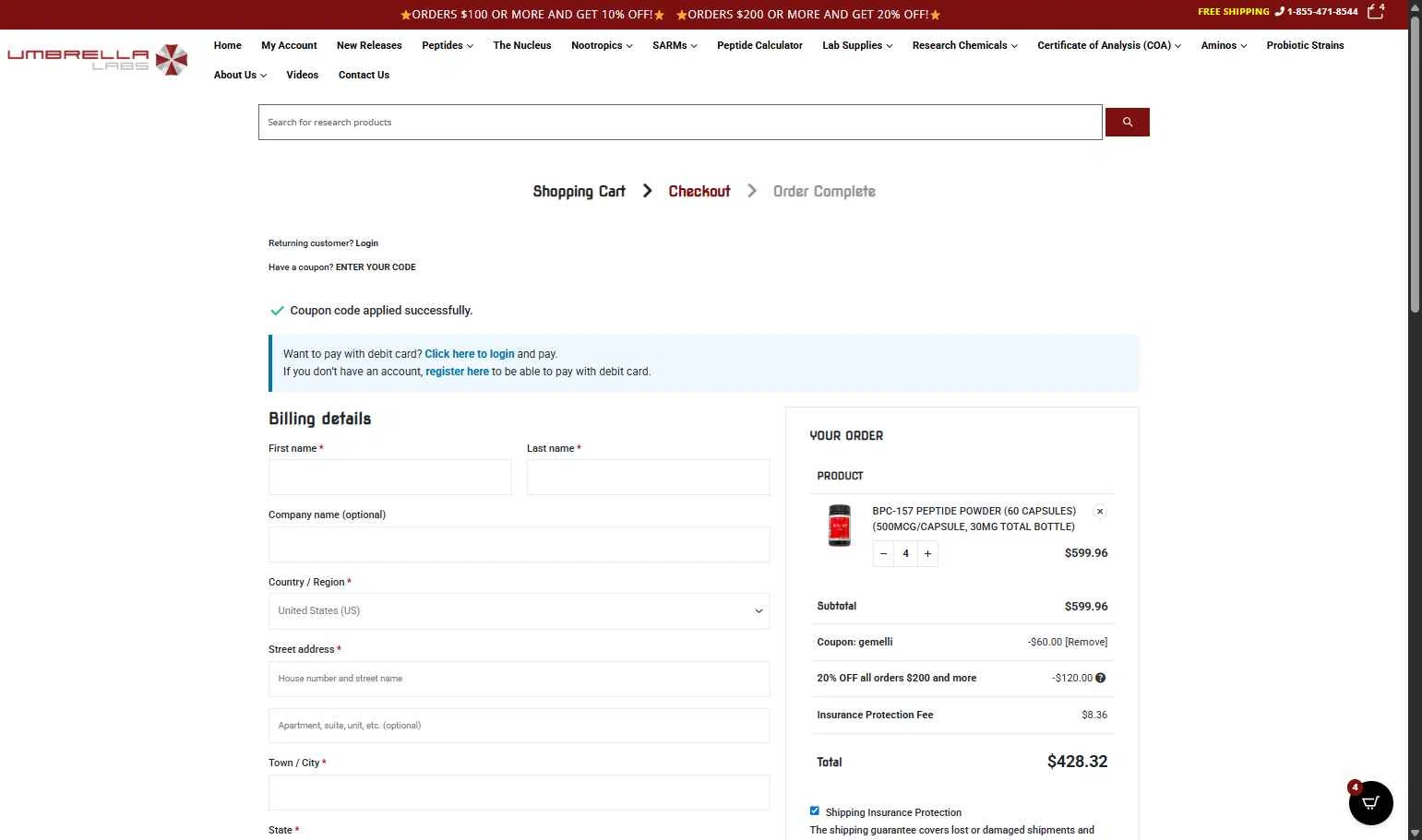 UMBRELLA Labs checkout page showing UMBRELLA Labs discount code box | Screenshot taken by SimplyCodes community member on Feb 10, 2026