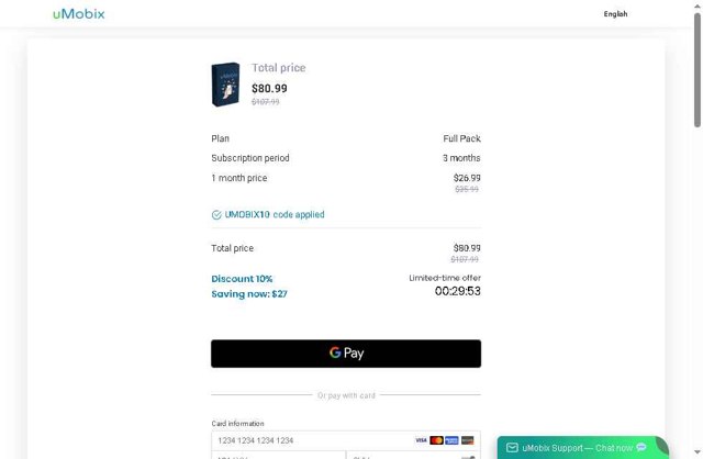 uMobix checkout page showing uMobix coupon code box | Screenshot taken by SimplyCodes community member on Aug 19, 2025