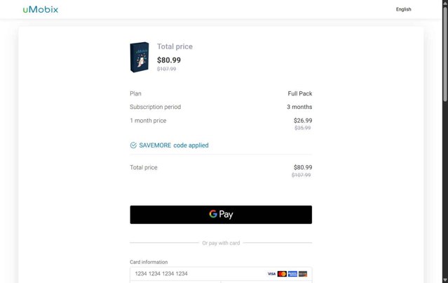uMobix checkout page showing uMobix coupon code box | Screenshot taken by SimplyCodes community member on May 14, 2025