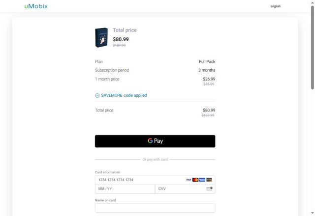 uMobix checkout page showing uMobix coupon code box | Screenshot taken by SimplyCodes community member on May 14, 2025