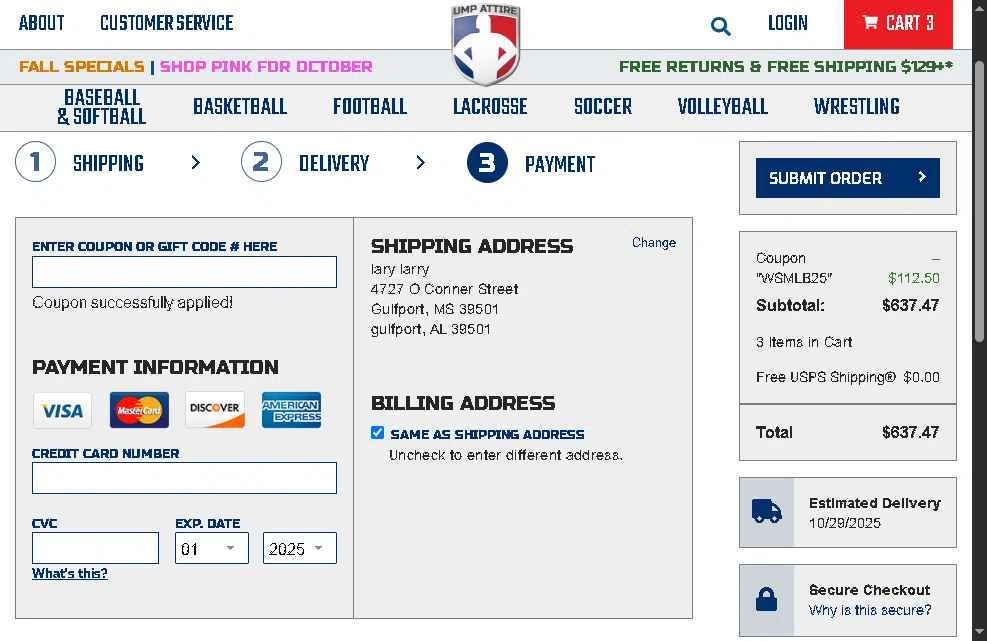 Ump-Attire checkout page showing Ump-Attire promo code box | Screenshot taken by SimplyCodes community member on Oct 23, 2025