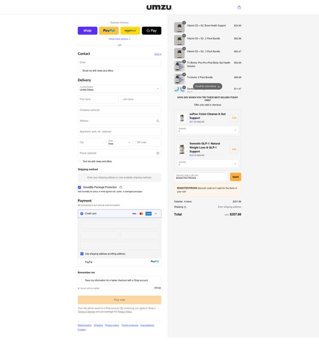 UMZU checkout page showing UMZU discount code box | Screenshot taken by SimplyCodes community member on Sep 10, 2025
