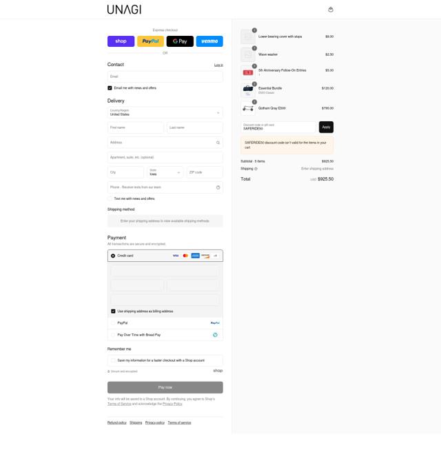 Unagi Scooters checkout page showing Unagi Scooters promo code box | Screenshot taken by SimplyCodes community member on Sep 6, 2025