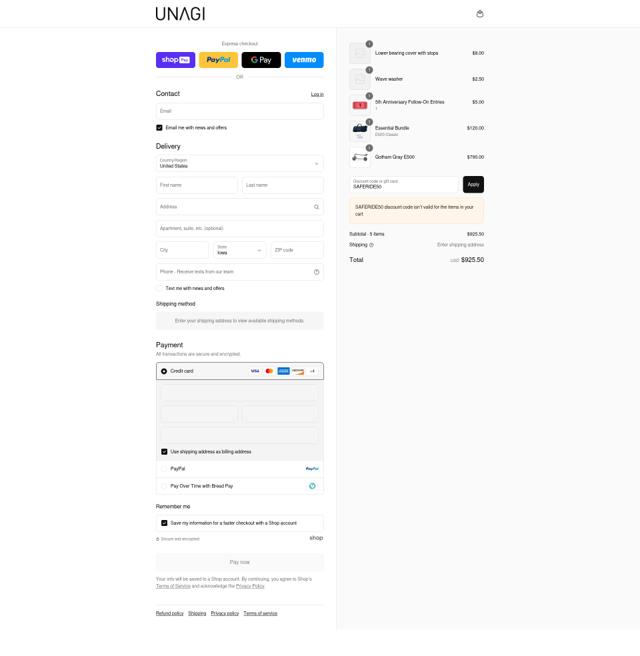 Unagi Scooters checkout page showing Unagi Scooters promo code box | Screenshot taken by SimplyCodes community member on Aug 25, 2025