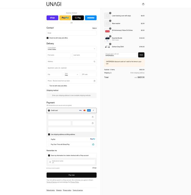 Unagi Scooters checkout page showing Unagi Scooters promo code box | Screenshot taken by SimplyCodes community member on Sep 10, 2025