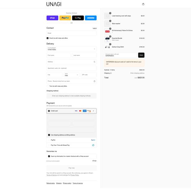 Unagi Scooters checkout page showing Unagi Scooters promo code box | Screenshot taken by SimplyCodes community member on Sep 2, 2025