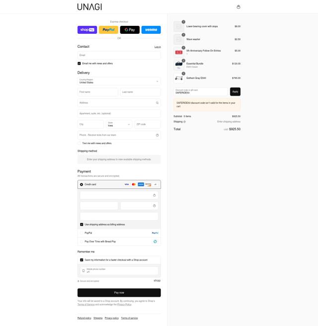 Unagi Scooters checkout page showing Unagi Scooters promo code box | Screenshot taken by SimplyCodes community member on Aug 20, 2025