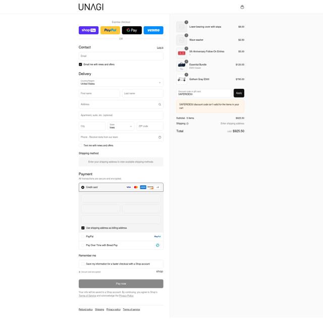 Unagi Scooters checkout page showing Unagi Scooters promo code box | Screenshot taken by SimplyCodes community member on Aug 15, 2025