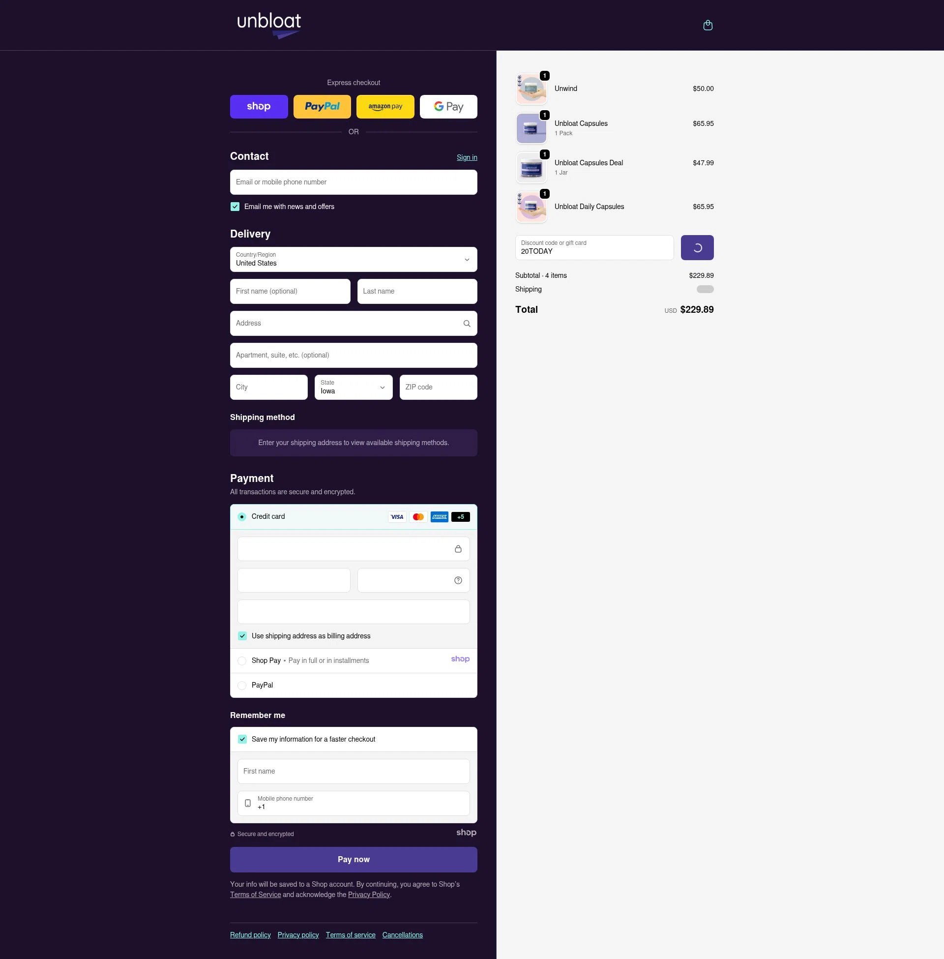 unbloat checkout page showing unbloat promo code box | Screenshot taken by SimplyCodes community member on Jan 7, 2026