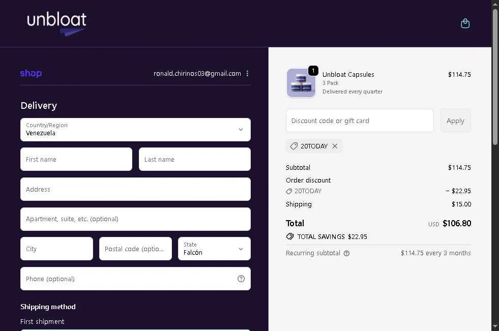 unbloat checkout page showing unbloat promo code box | Screenshot taken by SimplyCodes community member on Jan 7, 2026