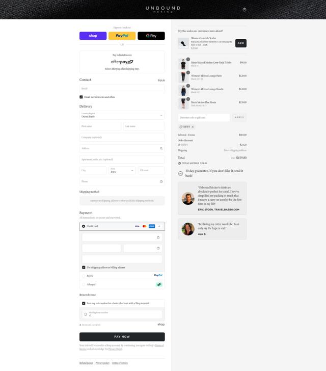 Unbound Merino checkout page showing Unbound Merino discount code box | Screenshot taken by SimplyCodes community member on Sep 11, 2025