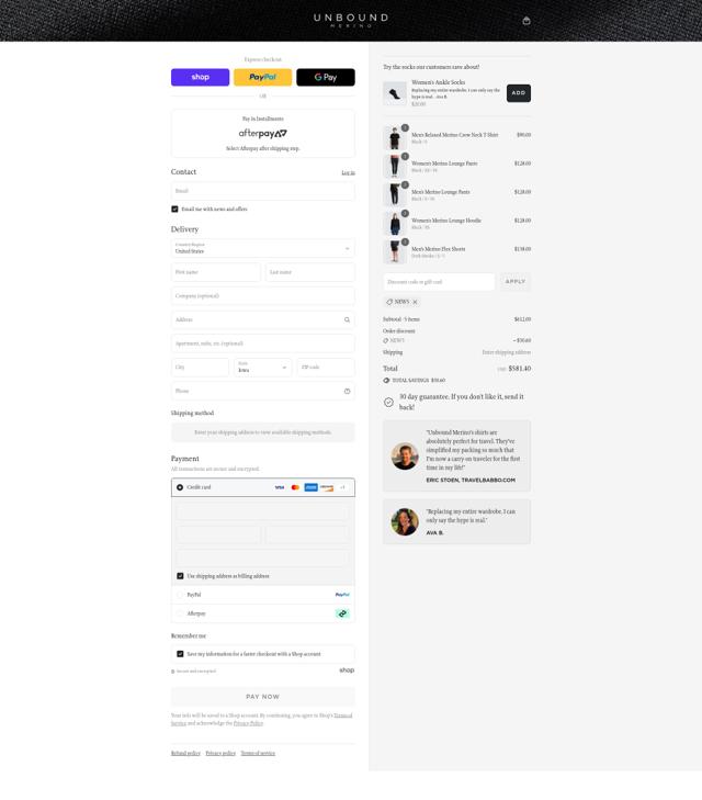 Unbound Merino checkout page showing Unbound Merino discount code box | Screenshot taken by SimplyCodes community member on Sep 3, 2025