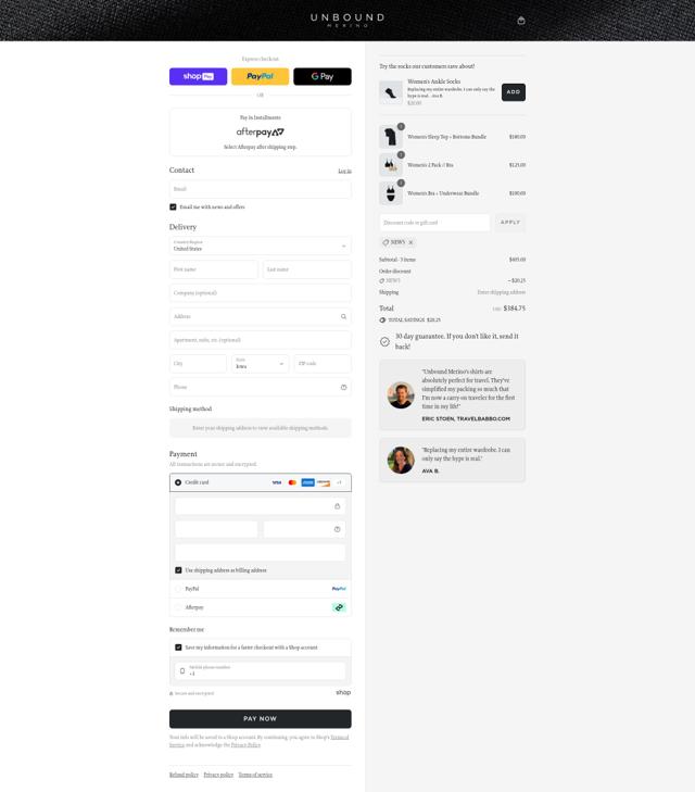 Unbound Merino checkout page showing Unbound Merino discount code box | Screenshot taken by SimplyCodes community member on Aug 12, 2025