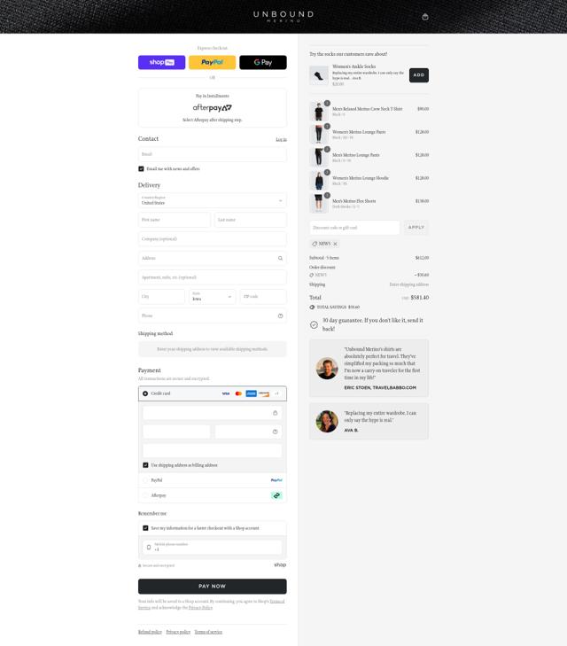 Unbound Merino checkout page showing Unbound Merino discount code box | Screenshot taken by SimplyCodes community member on Aug 22, 2025