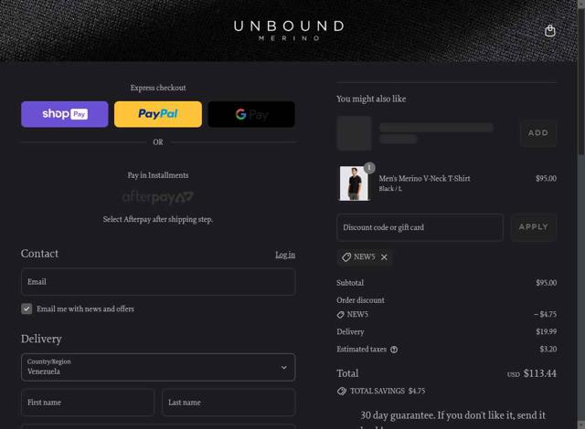 Unbound Merino checkout page showing Unbound Merino discount code box | Screenshot taken by SimplyCodes community member on Aug 2, 2025