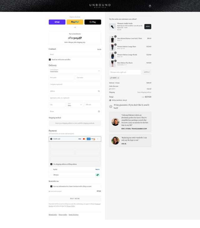 Unbound Merino checkout page showing Unbound Merino discount code box | Screenshot taken by SimplyCodes community member on Sep 8, 2025