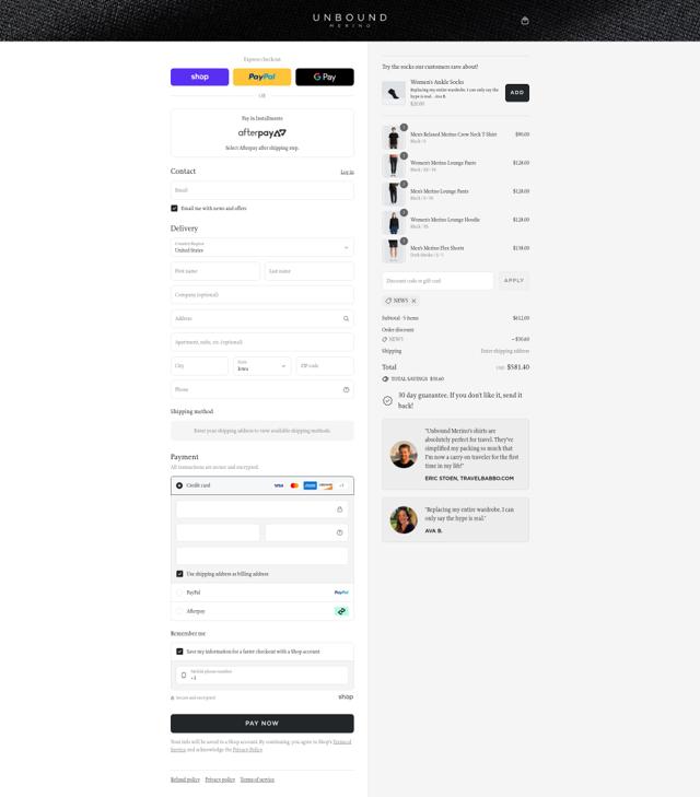 Unbound Merino checkout page showing Unbound Merino discount code box | Screenshot taken by SimplyCodes community member on Aug 30, 2025
