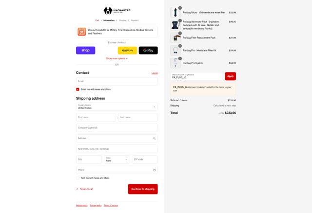 Uncharted Supply Co. checkout page showing Uncharted Supply Co. discount code box | Screenshot taken by SimplyCodes community member on Sep 4, 2025