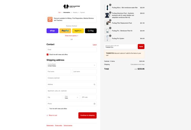 Uncharted Supply Co. checkout page showing Uncharted Supply Co. discount code box | Screenshot taken by SimplyCodes community member on Aug 31, 2025