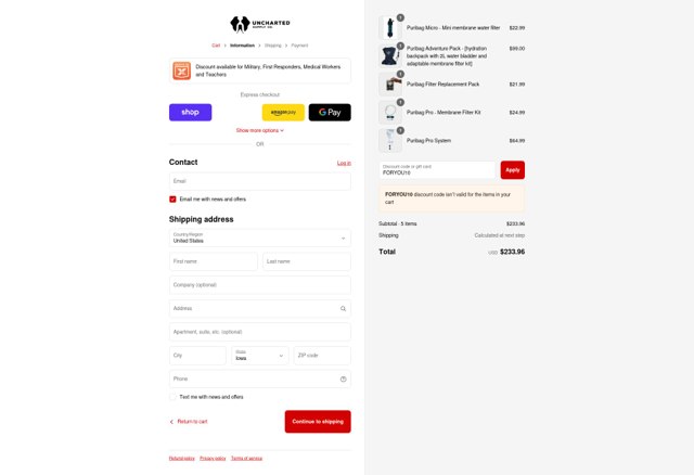 Uncharted Supply Co. checkout page showing Uncharted Supply Co. discount code box | Screenshot taken by SimplyCodes community member on Aug 31, 2025