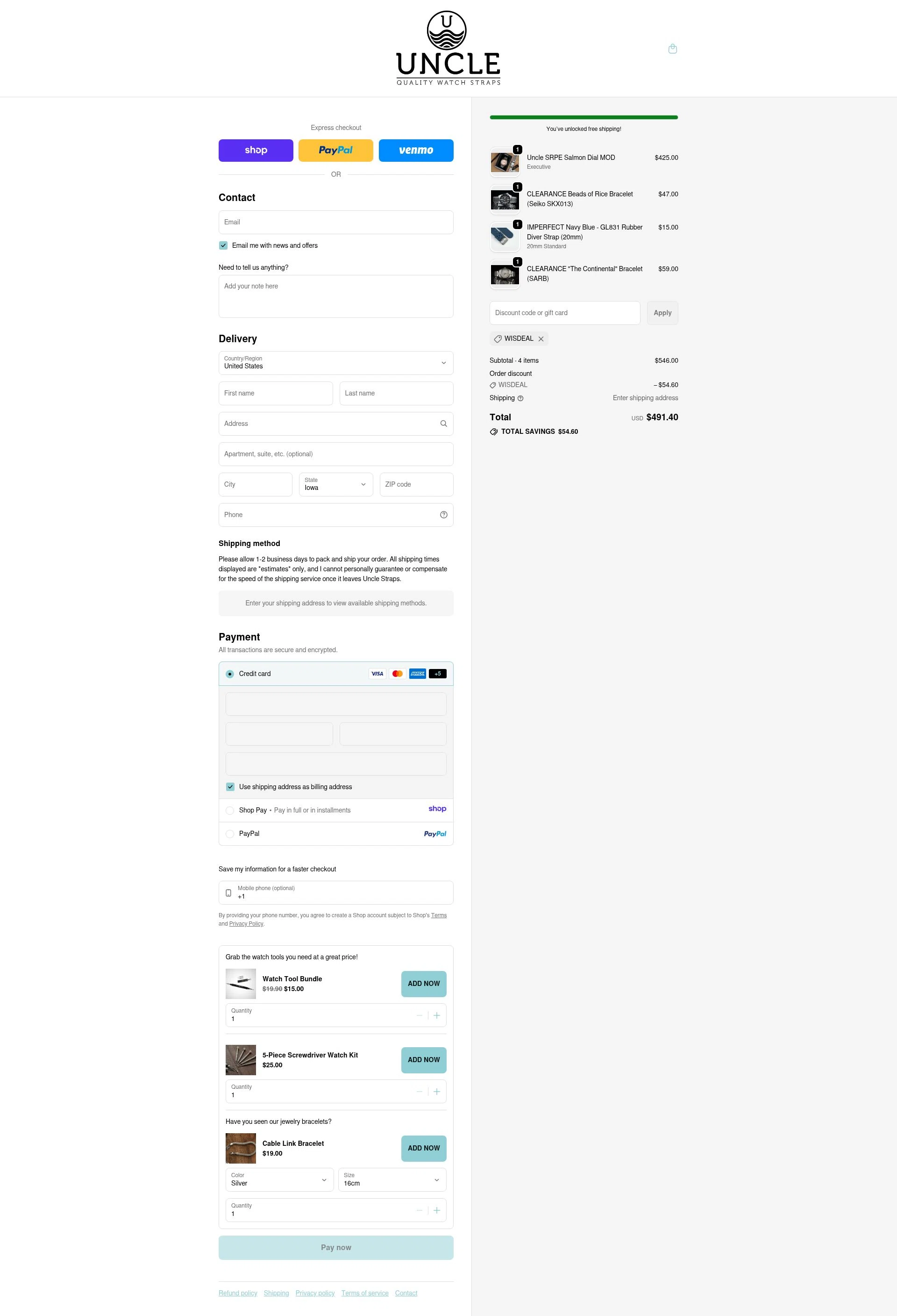 Uncle Straps checkout page showing Uncle Straps discount code box | Screenshot taken by SimplyCodes community member on Jan 8, 2026