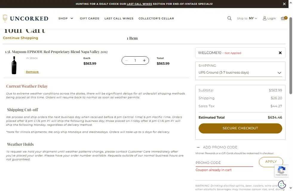 Uncorked checkout page showing Uncorked promo code box | Screenshot taken by SimplyCodes community member on Oct 24, 2025