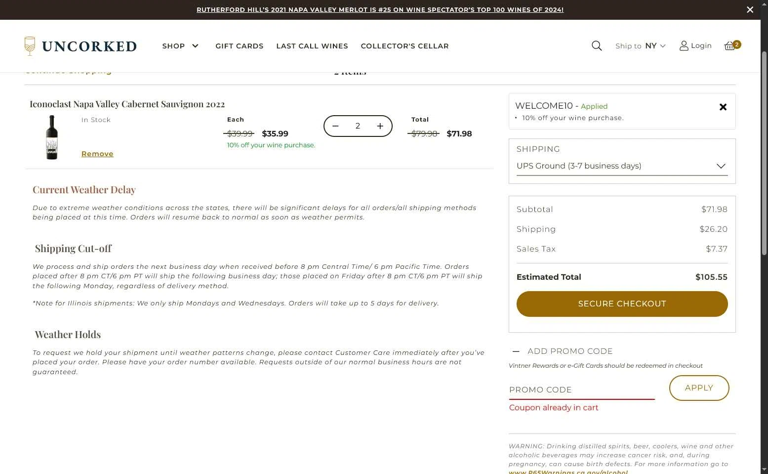 Uncorked checkout page showing Uncorked promo code box | Screenshot taken by SimplyCodes community member on Jul 1, 2025