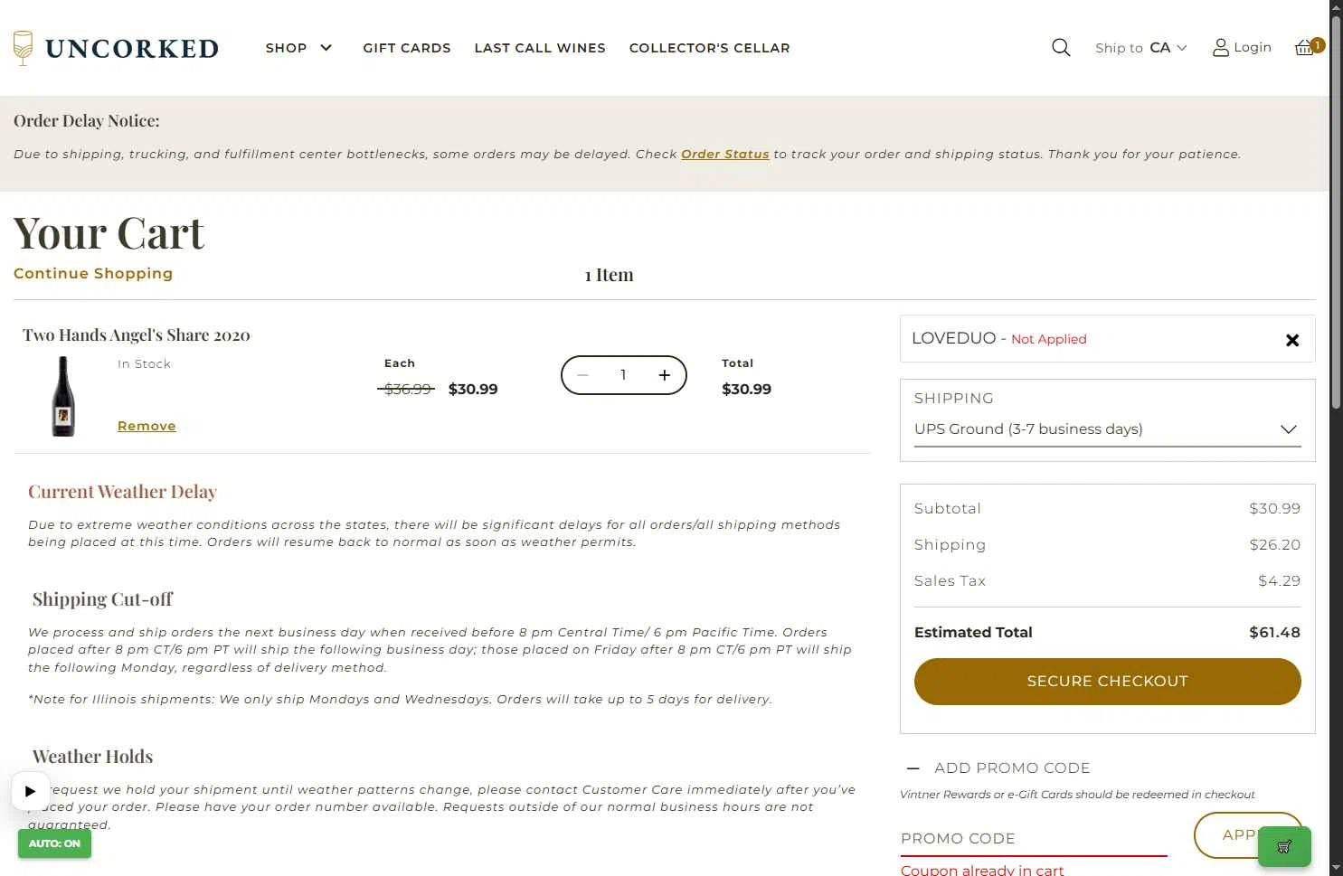 Uncorked checkout page showing Uncorked promo code box | Screenshot taken by SimplyCodes community member on Feb 1, 2026