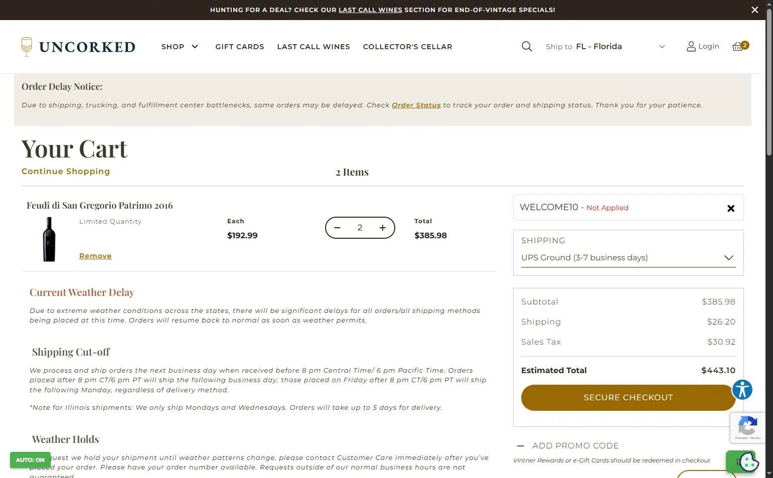 Uncorked checkout page showing Uncorked promo code box | Screenshot taken by SimplyCodes community member on Dec 21, 2025