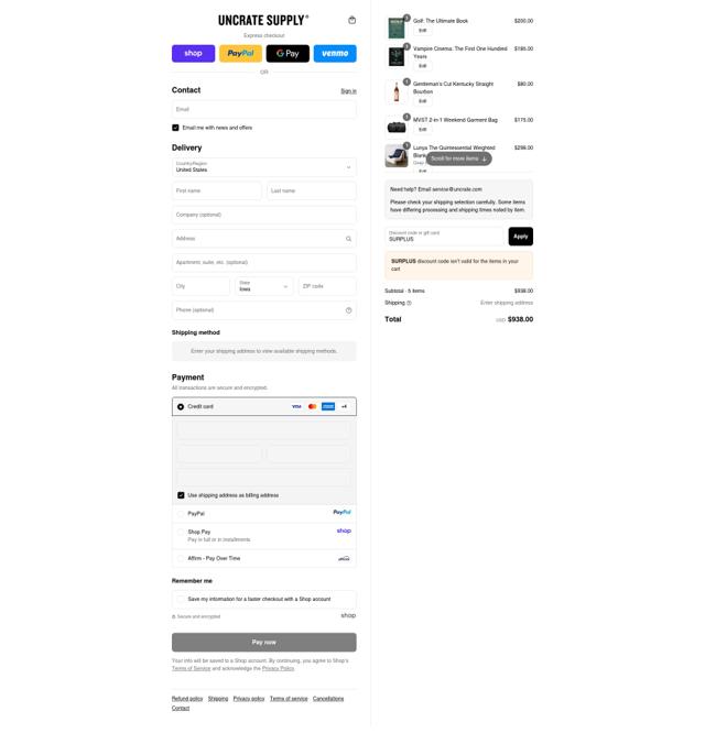 Uncrate checkout page showing Uncrate discount code box | Screenshot taken by SimplyCodes community member on Sep 15, 2025