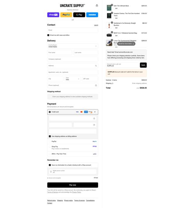Uncrate checkout page showing Uncrate discount code box | Screenshot taken by SimplyCodes community member on Aug 25, 2025