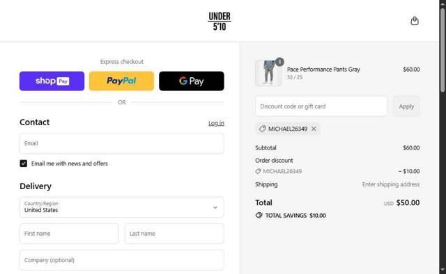 Under 5'10 checkout page showing Under 5'10 discount code box | Screenshot taken by SimplyCodes community member on Jul 16, 2025
