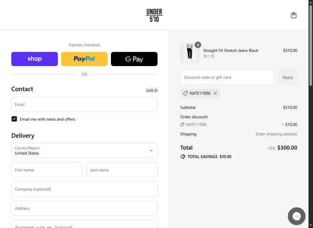 Under 5'10 checkout page showing Under 5'10 discount code box | Screenshot taken by SimplyCodes community member on Sep 2, 2025