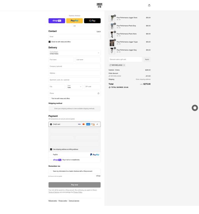 Under 5'10 checkout page showing Under 5'10 discount code box | Screenshot taken by SimplyCodes community member on Jul 20, 2025