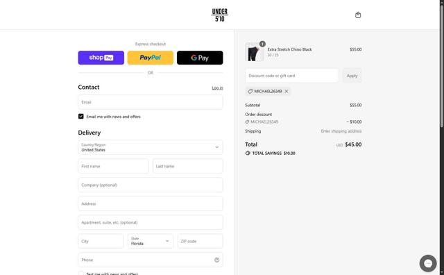 Under 5'10 checkout page showing Under 5'10 discount code box | Screenshot taken by SimplyCodes community member on Jul 16, 2025