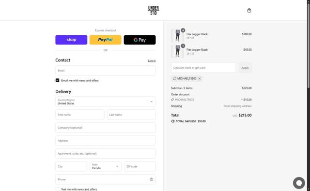 Under 5'10 checkout page showing Under 5'10 discount code box | Screenshot taken by SimplyCodes community member on Aug 29, 2025