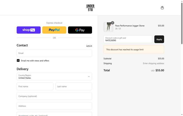 Under 5'10 checkout page showing Under 5'10 discount code box | Screenshot taken by SimplyCodes community member on Jul 16, 2025