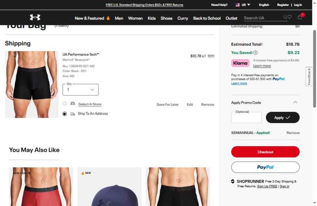 Under Armour checkout page showing Under Armour promo code box | Screenshot taken by SimplyCodes community member on Jul 8, 2025