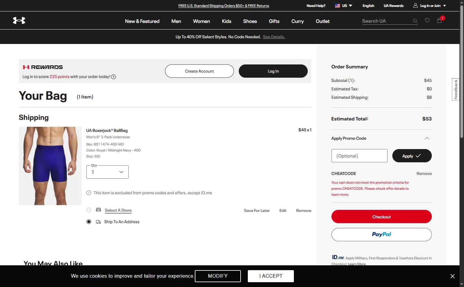 Under Armour checkout page showing Under Armour promo code box | Screenshot taken by SimplyCodes community member on Dec 25, 2025