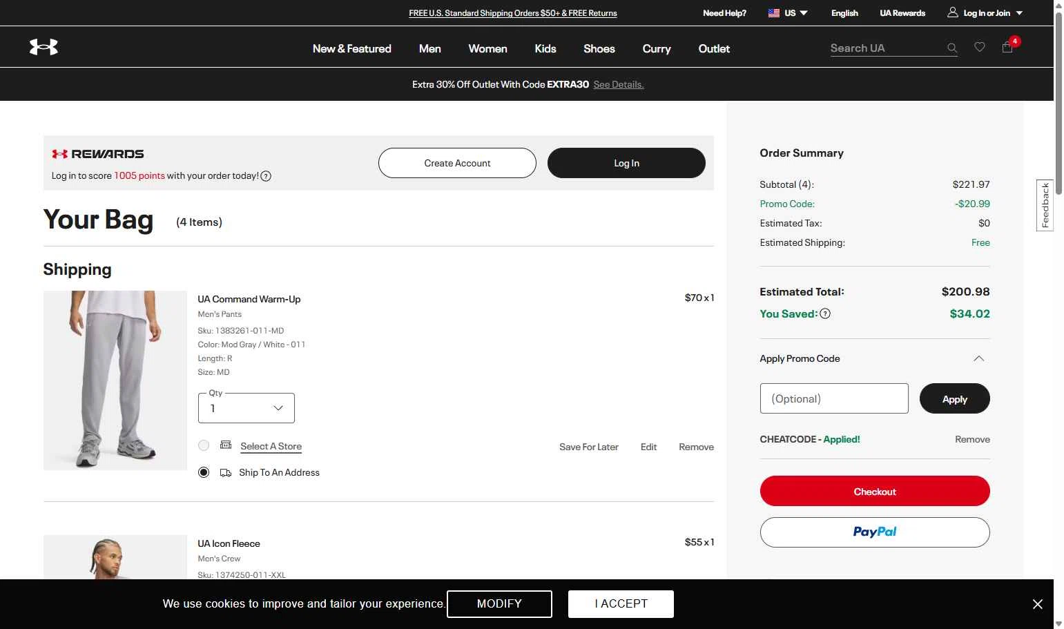 Under Armour checkout page showing Under Armour promo code box | Screenshot taken by SimplyCodes community member on Dec 26, 2025