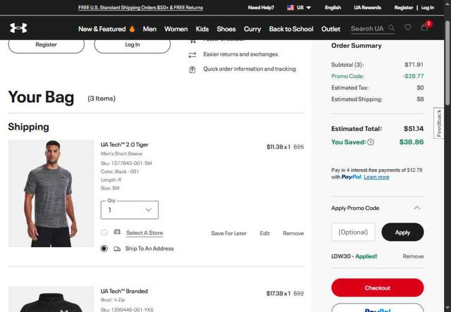 Under Armour checkout page showing Under Armour promo code box | Screenshot taken by SimplyCodes community member on Aug 30, 2025